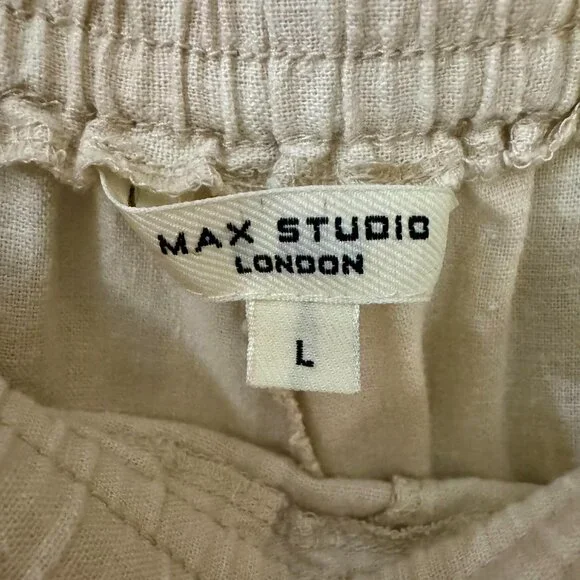 Max Studio London Beige Linen Blend Pants Elastic Waist Size Large - Picture 2 of 4